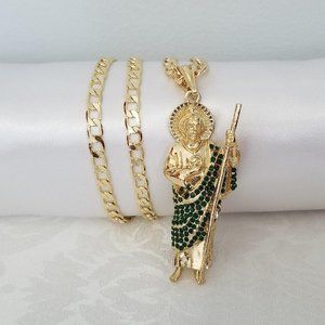 14K Gold Plated Green Rhinestones Saint Jude Men's Necklace